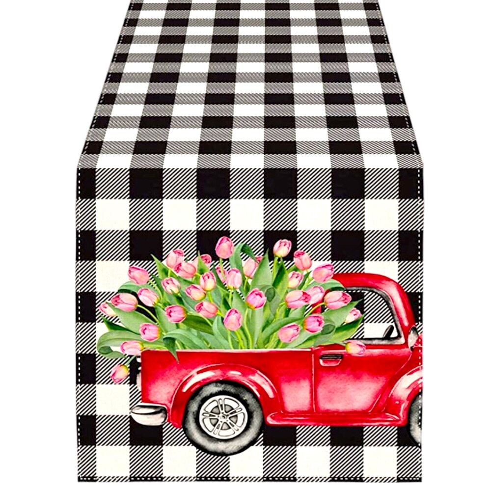 Old Truck Spring Floral Tulips Table Cloth Runner Indoor Outdoor 72”Lx 13”W NEW